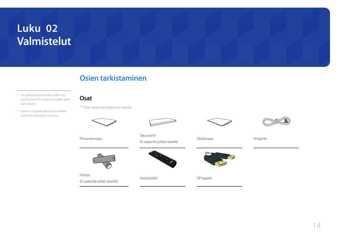 Samsung LH85QMDPLGC/EN manual Valmistelut, Osien tarkistaminen, Osat, Takuukortti Säädösopas, Pika-asetusopas 