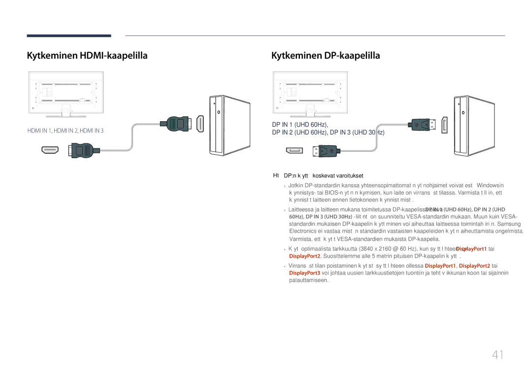 Samsung LH85QMDPLGC/EN manual Kytkeminen HDMI-kaapelilla, Kytkeminen DP-kaapelilla, DPn käyttöä koskevat varoitukset 