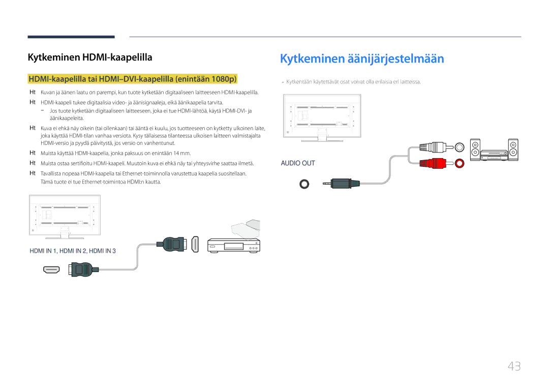 Samsung LH85QMDPLGC/EN manual Kytkeminen äänijärjestelmään, HDMI-kaapelilla tai HDMI-DVI-kaapelilla enintään 1080p 