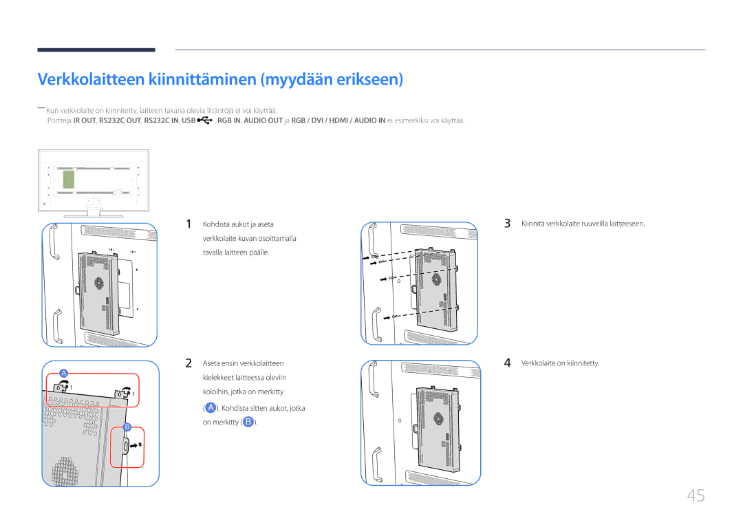 Samsung LH85QMDPLGC/EN manual Verkkolaitteen kiinnittäminen myydään erikseen 