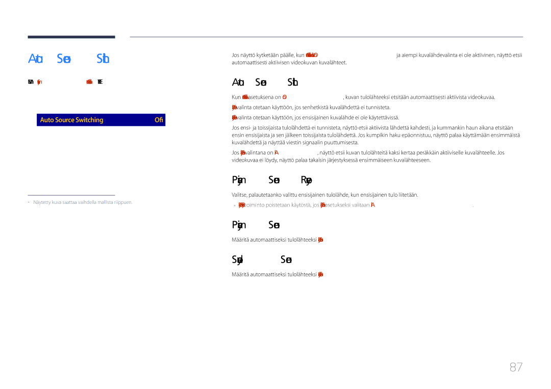 Samsung LH85QMDPLGC/EN manual Auto Source Switching, Primary Source Recovery, Secondary Source 