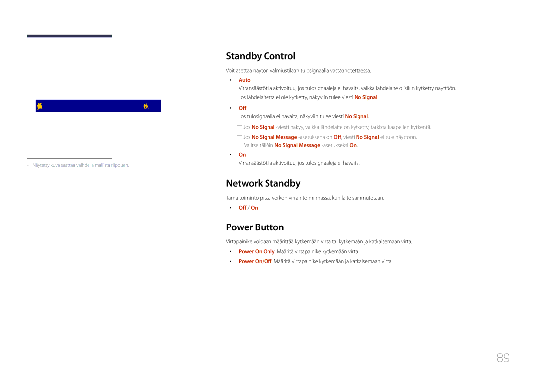 Samsung LH85QMDPLGC/EN manual Standby Control, Network Standby, Power Button, Auto Power On Off PC Module Power 