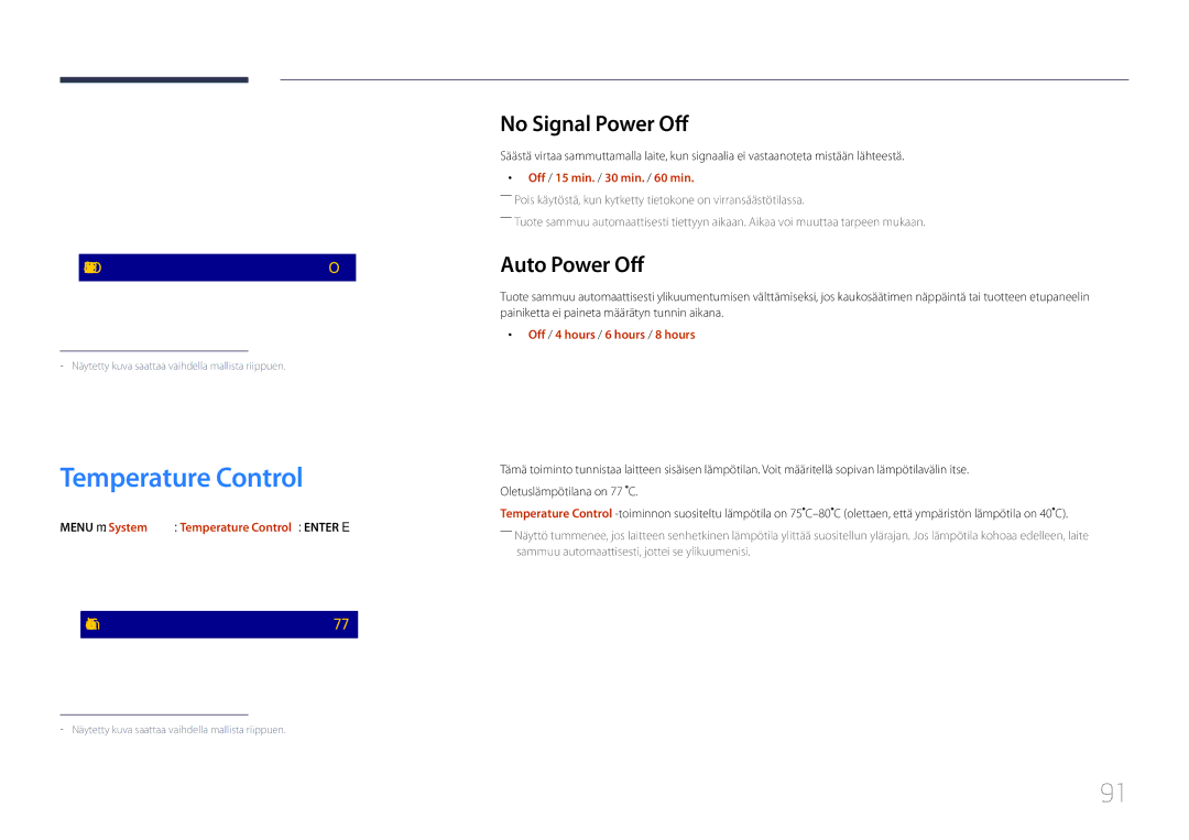 Samsung LH85QMDPLGC/EN manual Temperature Control, No Signal Power Off, Auto Power Off 