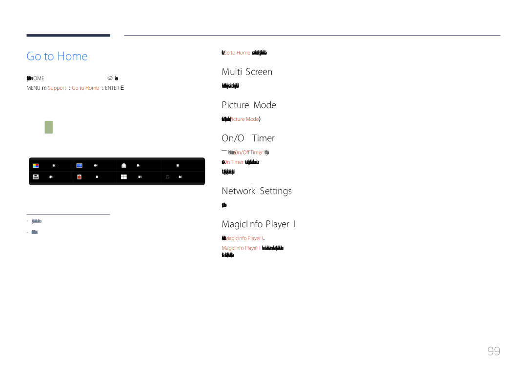 Samsung LH85QMDPLGC/EN manual Go to Home, Picture Mode, On/Off Timer, Network Settings, MagicInfo Player 