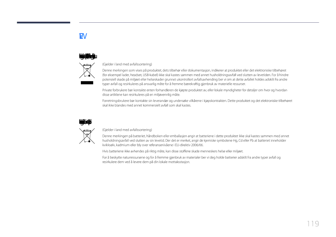 Samsung LH85QMDPLGC/EN manual 119, Korrekt avhending av batterier i dette produktet, Gjelder i land med avfallssortering 