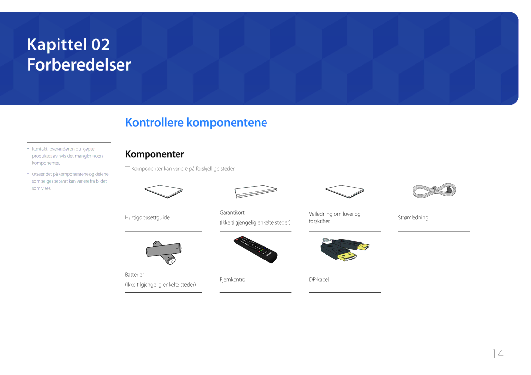 Samsung LH85QMDPLGC/EN manual Forberedelser, Kontrollere komponentene, Komponenter, Garantikort Veiledning om lover og 