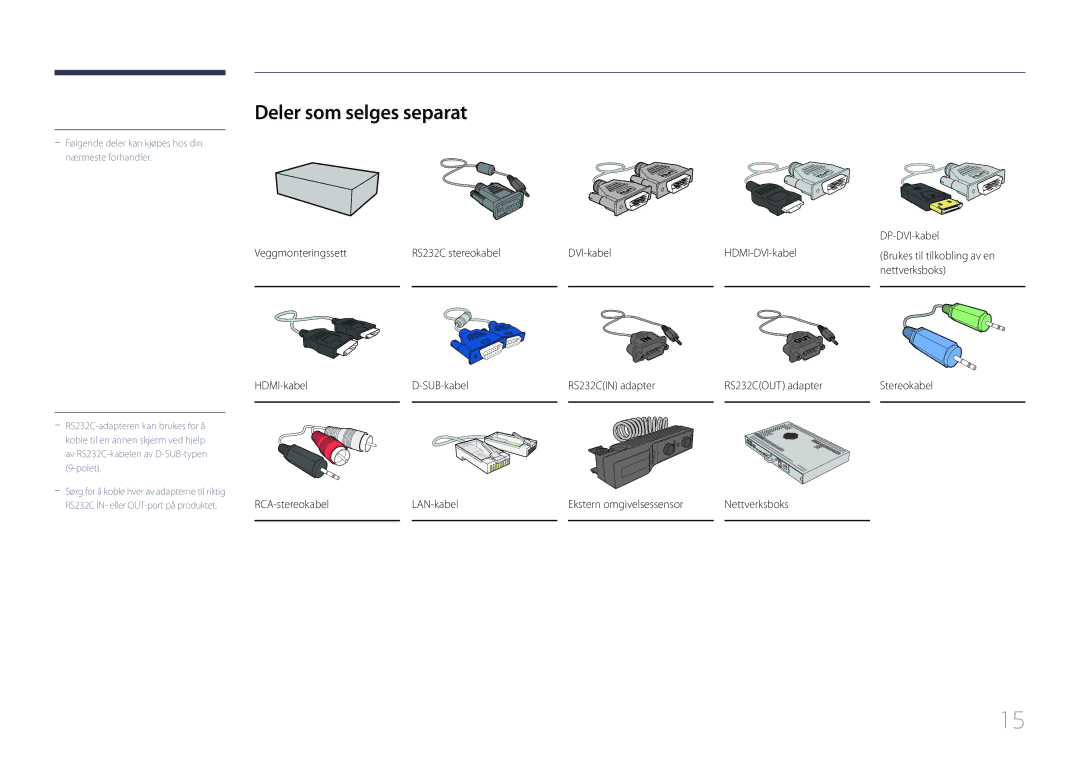 Samsung LH85QMDPLGC/EN manual Deler som selges separat, RCA-stereokabel LAN-kabel Ekstern omgivelsessensor 