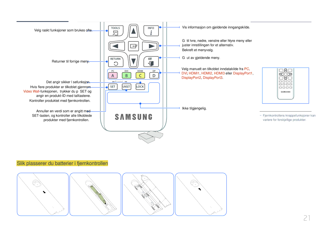 Samsung LH85QMDPLGC/EN manual Slik plasserer du batterier i fjernkontrollen, Velg raskt funksjoner som brukes ofte 