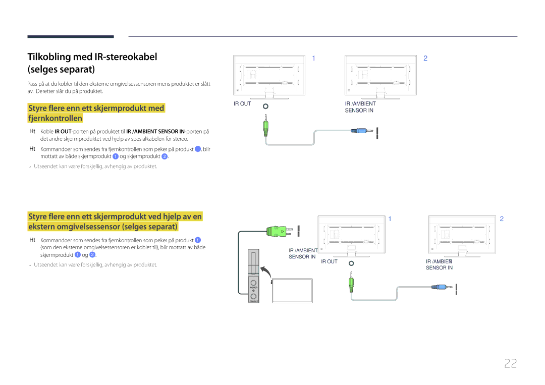 Samsung LH85QMDPLGC/EN Tilkobling med IR-stereokabel selges separat, Styre flere enn ett skjermprodukt med fjernkontrollen 