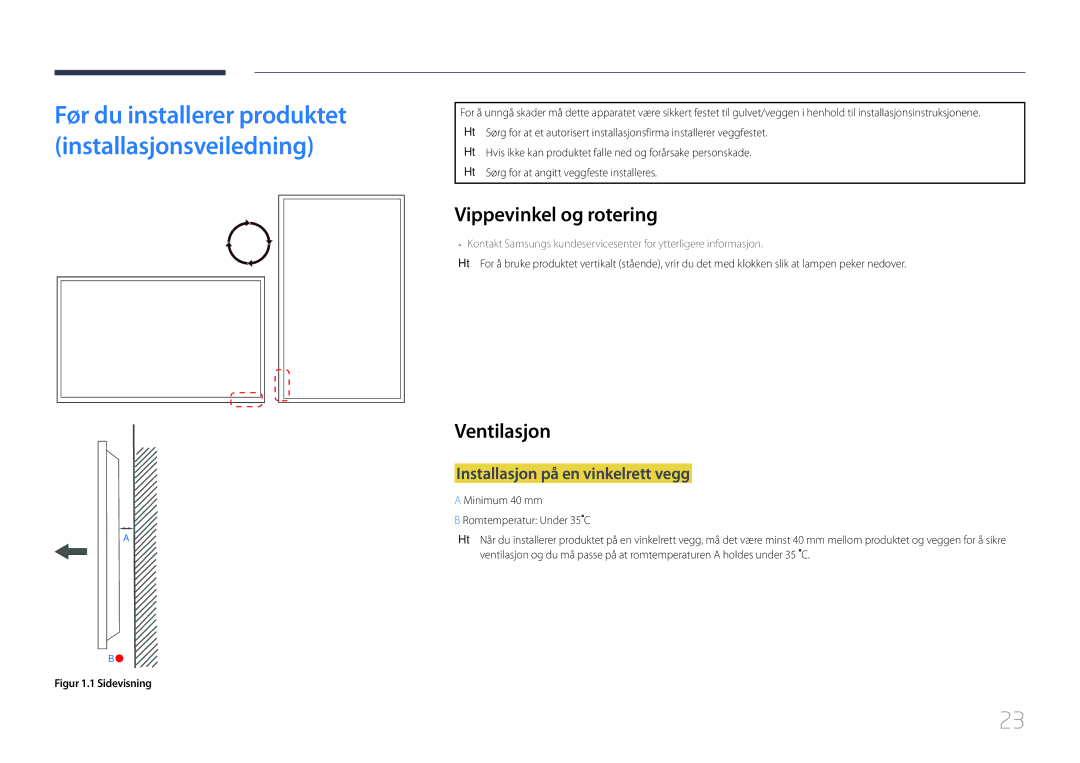 Samsung LH85QMDPLGC/EN manual Vippevinkel og rotering, Ventilasjon, Installasjon på en vinkelrett vegg 