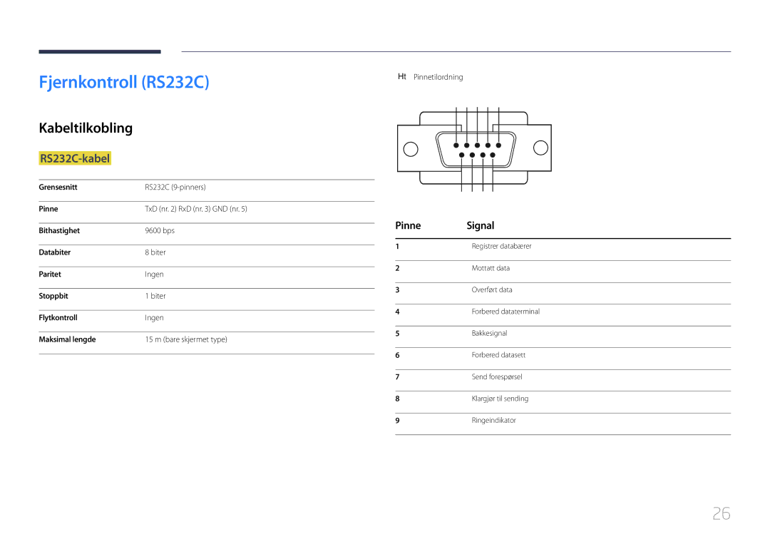 Samsung LH85QMDPLGC/EN manual Fjernkontroll RS232C, Kabeltilkobling, RS232C-kabel, Pinne Signal 