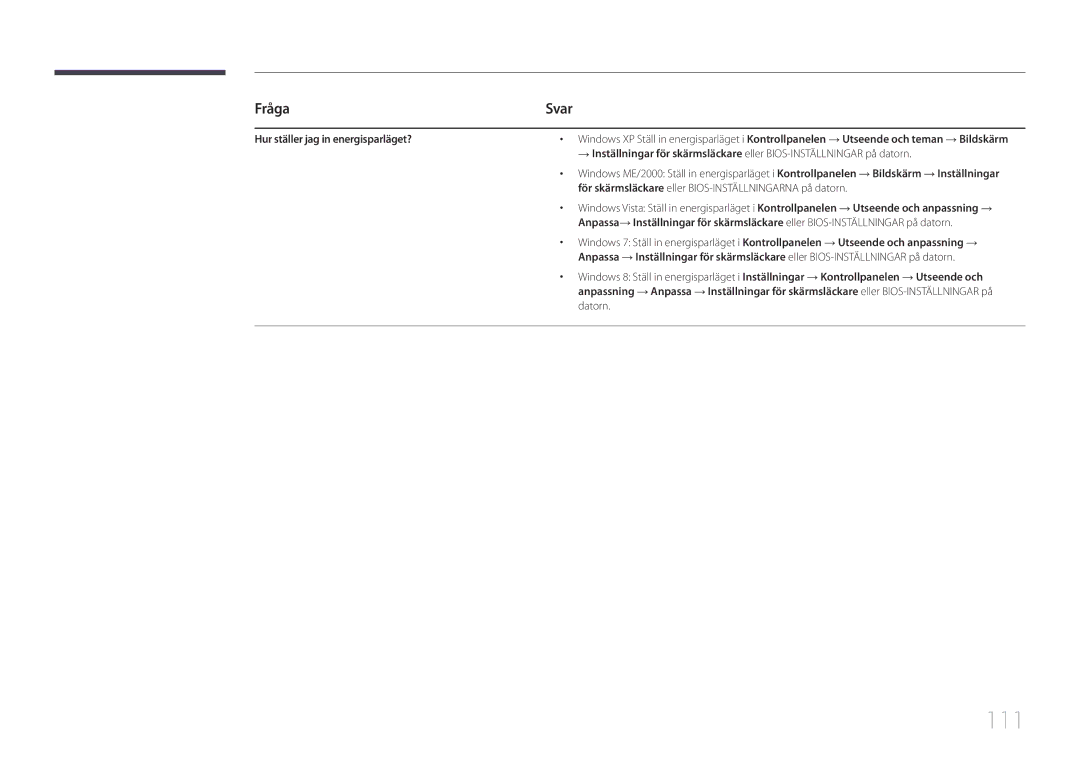 Samsung LH85QMDPLGC/EN manual 111, Hur ställer jag in energisparläget? 