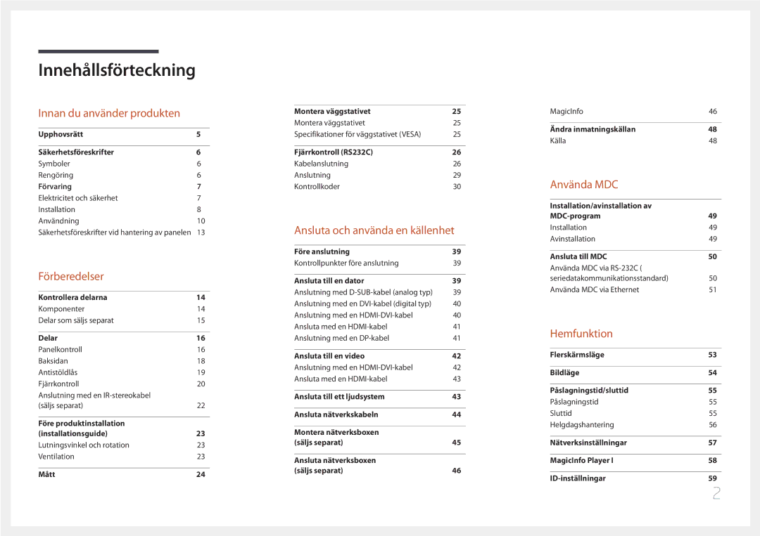 Samsung LH85QMDPLGC/EN manual Innehållsförteckning 