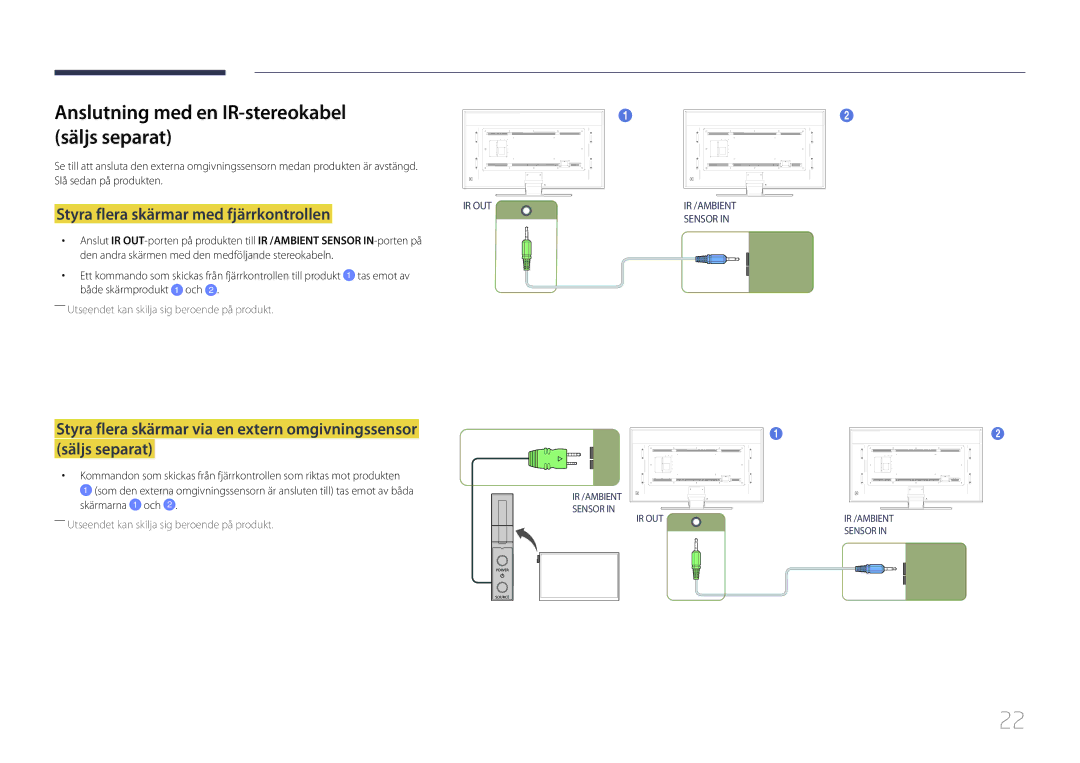 Samsung LH85QMDPLGC/EN manual Anslutning med en IR-stereokabel säljs separat, Styra flera skärmar med fjärrkontrollen 