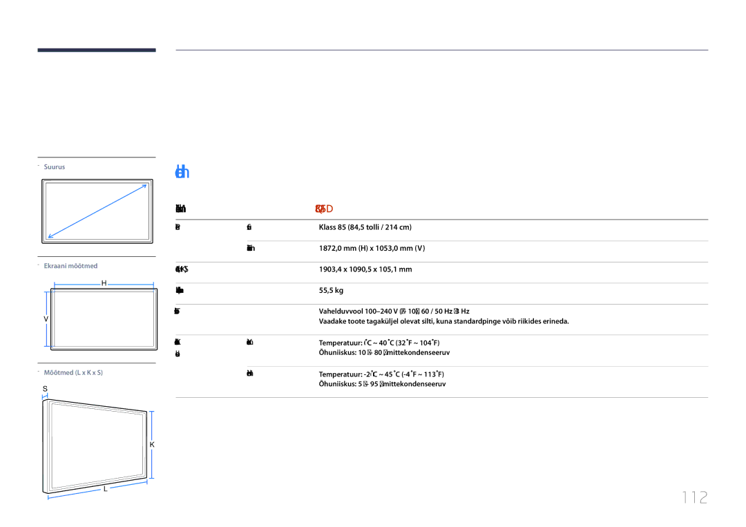 Samsung LH85QMDPLGC/EN manual Tehnilised andmed, Üldandmed, 112 