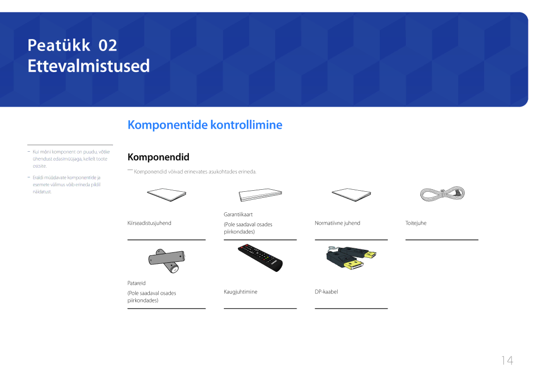 Samsung LH85QMDPLGC/EN manual Ettevalmistused, Komponentide kontrollimine, Komponendid 