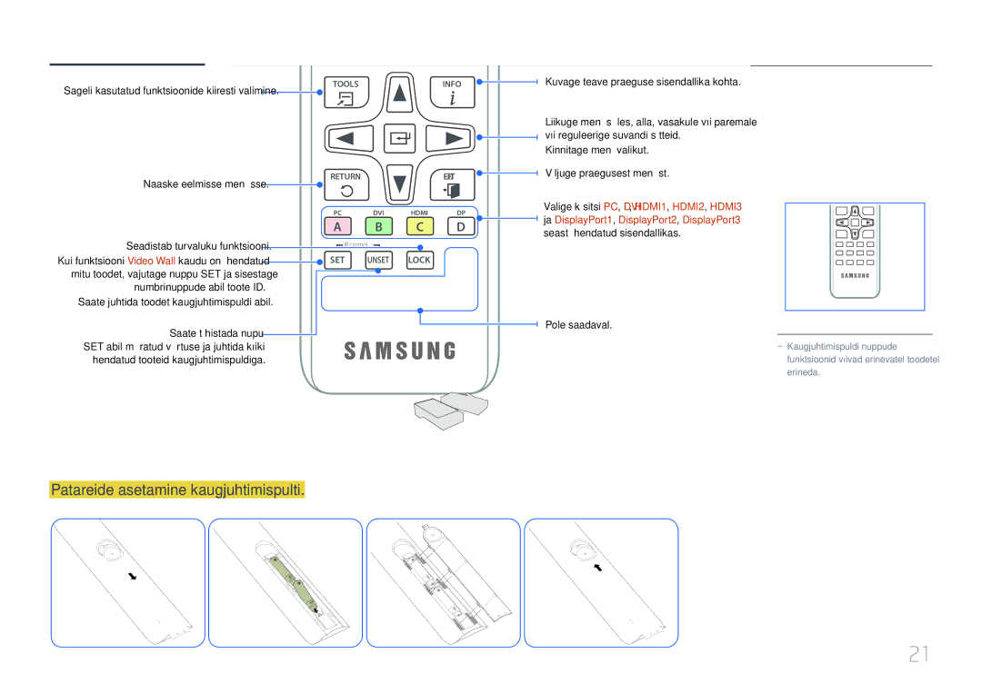 Samsung LH85QMDPLGC/EN manual Patareide asetamine kaugjuhtimispulti, Sageli kasutatud funktsioonide kiiresti valimine 