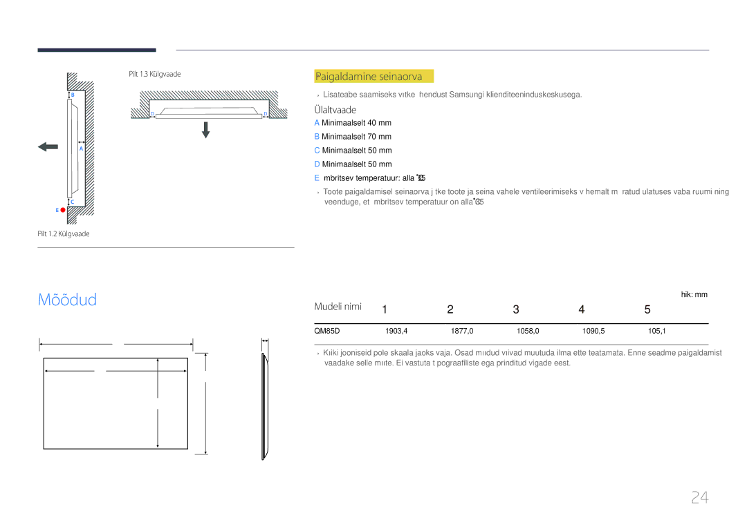 Samsung LH85QMDPLGC/EN manual ―Paigaldamine―seinaorva, Ülaltvaade, Mudeli nimi, Pilt 1.2 Külgvaade Pilt 1.3 Külgvaade 