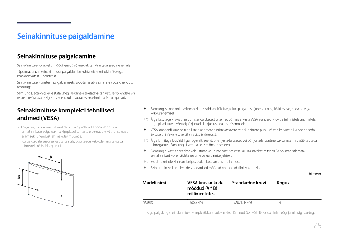 Samsung LH85QMDPLGC/EN manual Seinakinnituse paigaldamine, Seinakinnituse komplekti tehnilised andmed Vesa 