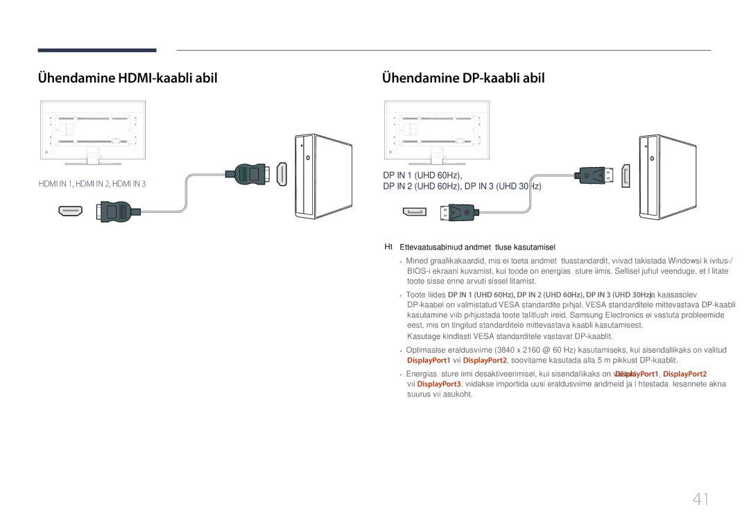 Samsung LH85QMDPLGC/EN Ühendamine HDMI-kaabli abil, Ühendamine DP-kaabli abil, Ettevaatusabinõud andmetöötluse kasutamisel 