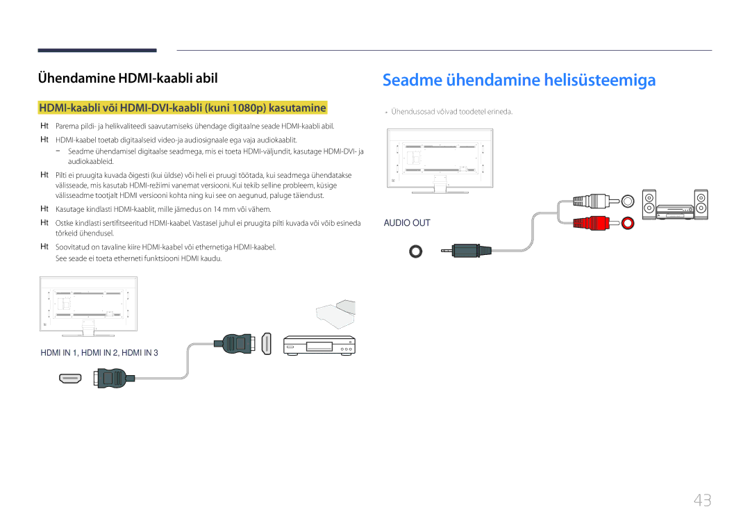 Samsung LH85QMDPLGC/EN manual Seadme ühendamine helisüsteemiga, HDMI-kaabli või HDMI-DVI-kaabli kuni 1080p kasutamine 