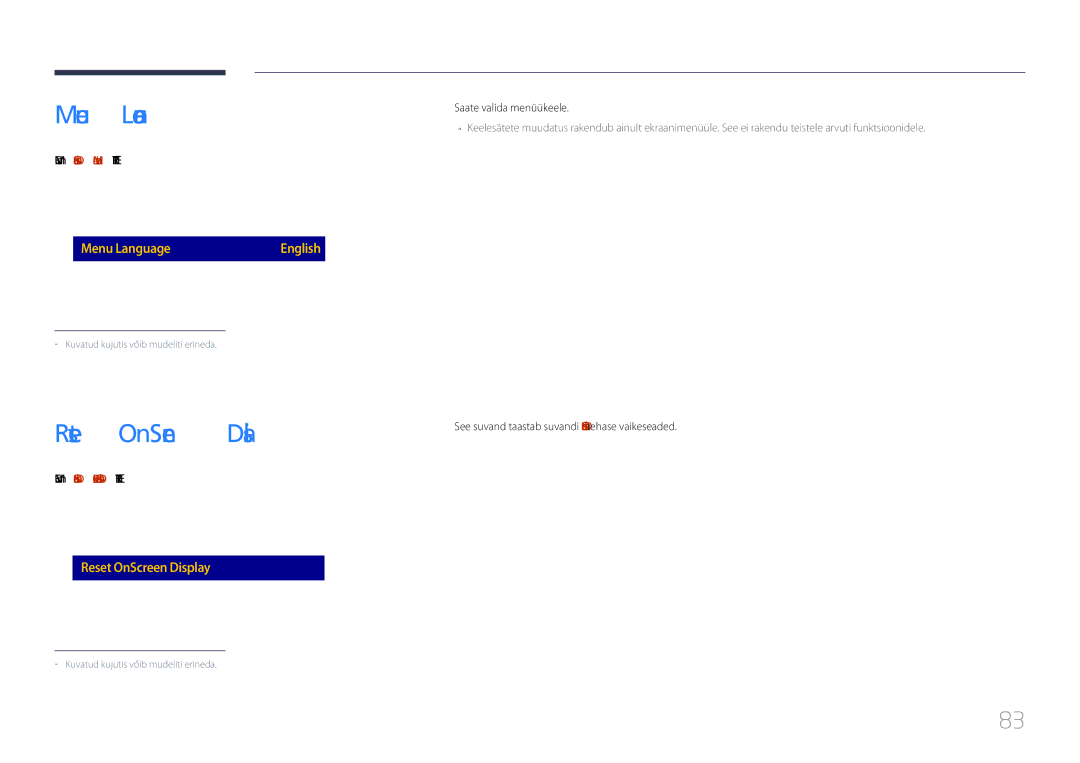 Samsung LH85QMDPLGC/EN manual Reset OnScreen Display, Menu m → OnScreen Display → Menu Language → Enter E 