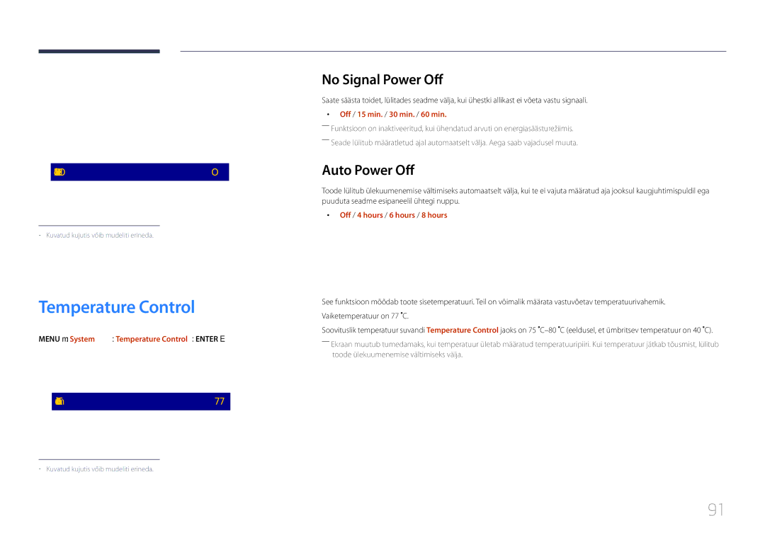 Samsung LH85QMDPLGC/EN manual Temperature Control, No Signal Power Off, Auto Power Off 