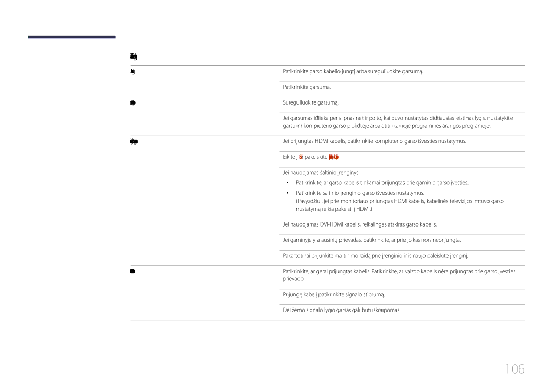 Samsung LH85QMDPLGC/EN manual 106, Sunkumai dėl garso 