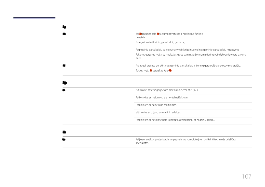 Samsung LH85QMDPLGC/EN manual 107, Sunkumai dėl nuotolinio valdymo pulto, Sunkumai dėl šaltinio įrenginio 