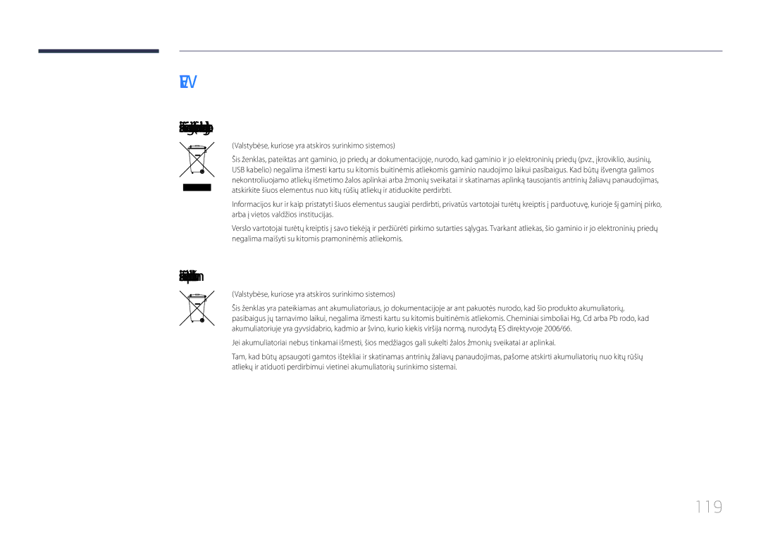 Samsung LH85QMDPLGC/EN manual 119, Tinkamas šio produkto akumuliatorių išmetimas 