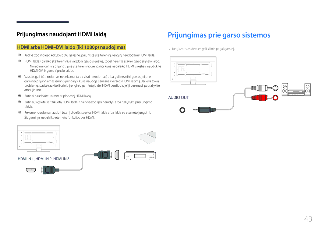 Samsung LH85QMDPLGC/EN manual Prijungimas prie garso sistemos, Hdmi arba HDMI-DVI laido iki 1080p naudojimas 