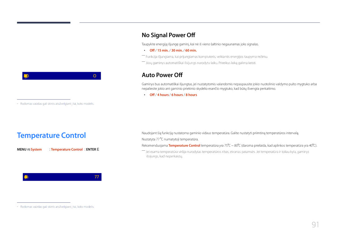 Samsung LH85QMDPLGC/EN manual Temperature Control, No Signal Power Off, Auto Power Off 