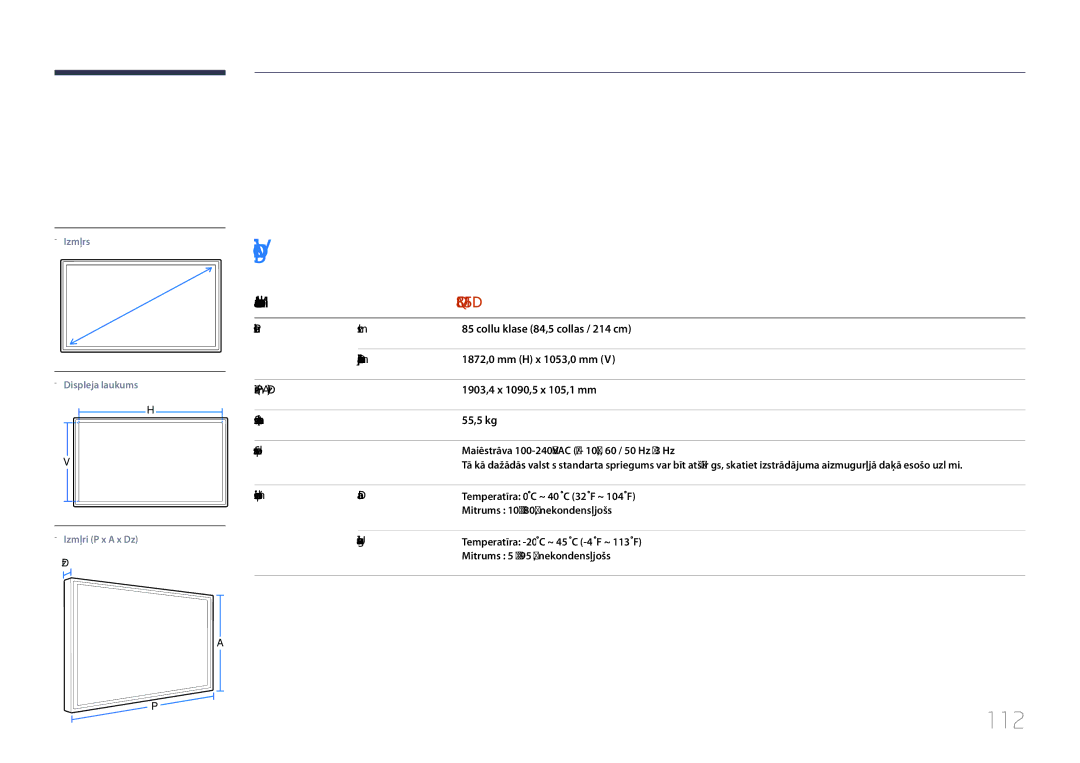 Samsung LH85QMDPLGC/EN manual Specifikācijas, Vispārīgi, 112, Modeļa nosaukums 