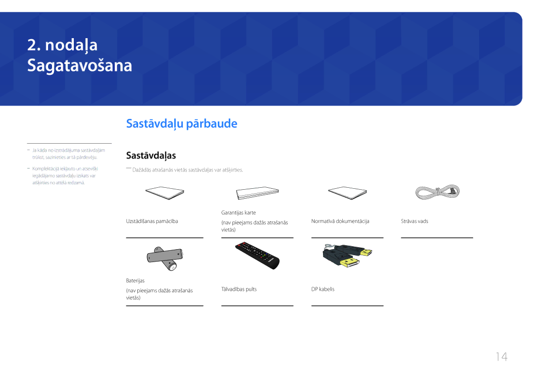 Samsung LH85QMDPLGC/EN manual Sagatavošana, Sastāvdaļu pārbaude, Sastāvdaļas 