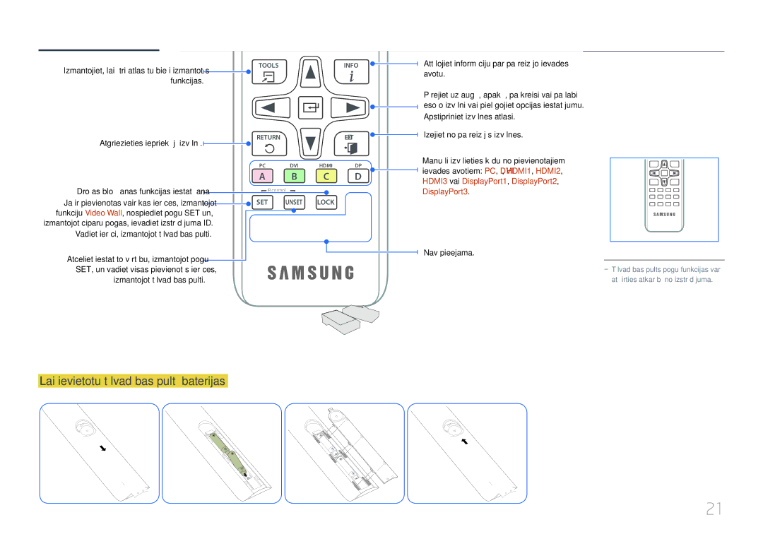 Samsung LH85QMDPLGC/EN manual Lai ievietotu tālvadības pultī baterijas, Funkcijas 