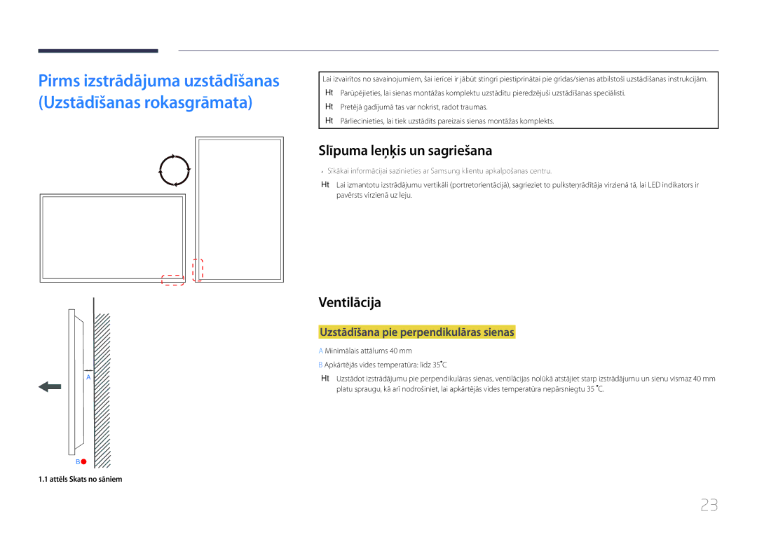 Samsung LH85QMDPLGC/EN manual Slīpuma leņķis un sagriešana, Ventilācija, Uzstādīšana pie perpendikulāras sienas 