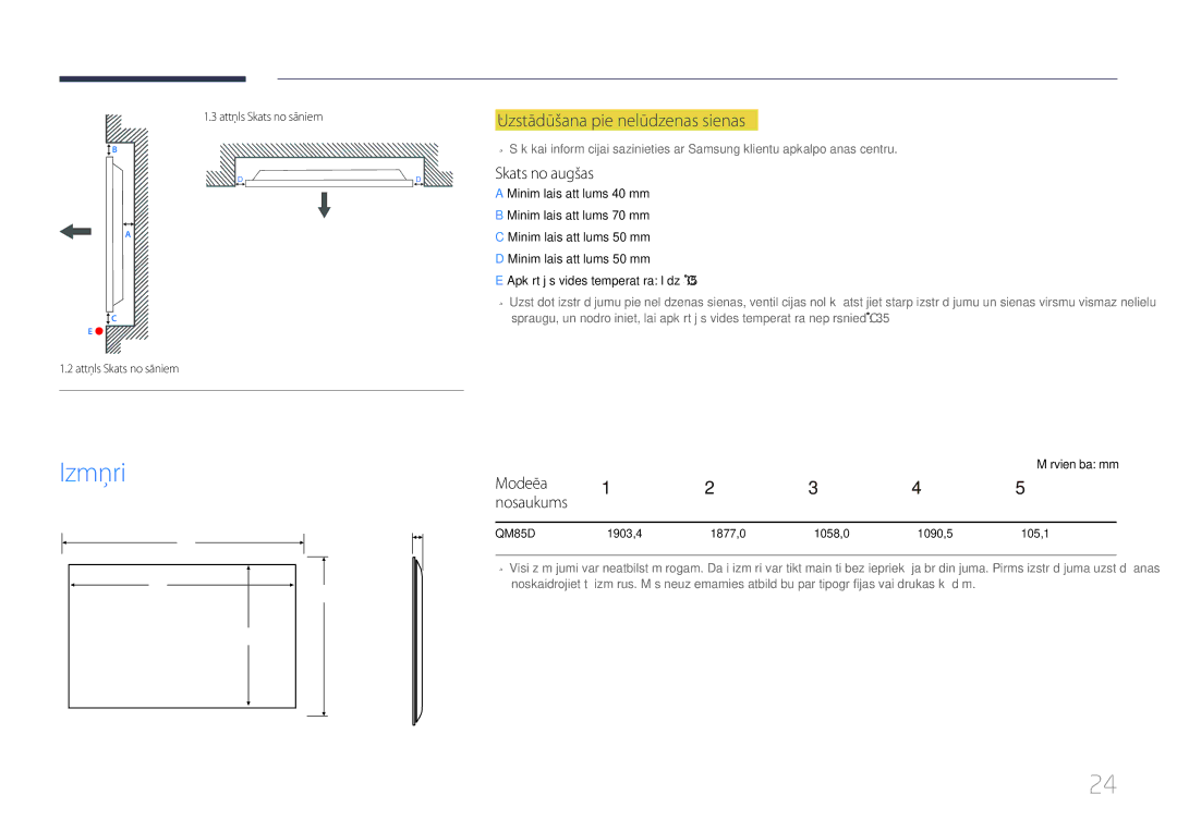 Samsung LH85QMDPLGC/EN manual Izmēri, ―Uzstādīšana―pie nelīdzenas sienas, Skats no augšas, Modeļa, Nosaukums 