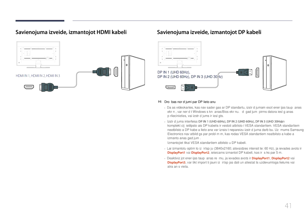 Samsung LH85QMDPLGC/EN manual Savienojuma izveide, izmantojot Hdmi kabeli, Drošības norādījumi par DP lietošanu 