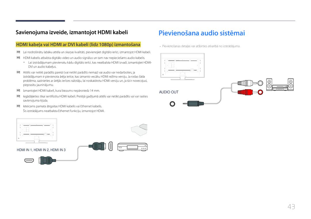 Samsung LH85QMDPLGC/EN manual Pievienošana audio sistēmai, Hdmi kabeļa vai Hdmi ar DVI kabeli līdz 1080p izmantošana 