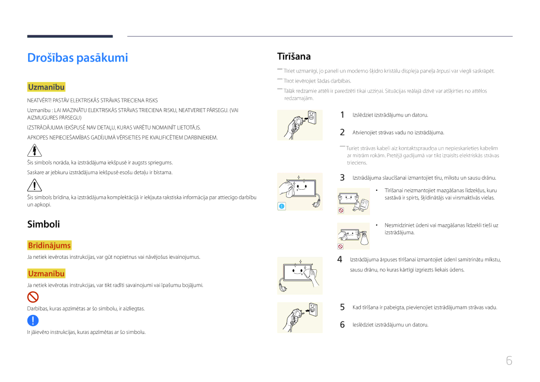 Samsung LH85QMDPLGC/EN manual Drošības pasākumi, Simboli, Tīrīšana, Uzmanību 