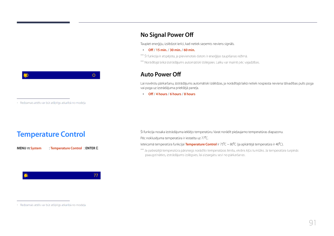 Samsung LH85QMDPLGC/EN manual Temperature Control, No Signal Power Off, Auto Power Off 