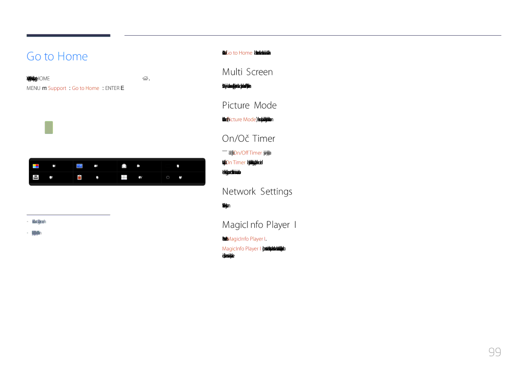 Samsung LH85QMDPLGC/EN manual Go to Home, Picture Mode, On/Off Timer, Network Settings, MagicInfo Player 