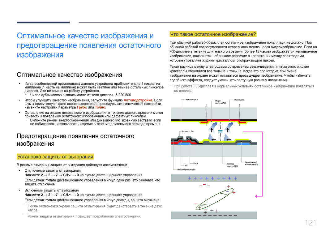 Samsung LH85QMDPLGC/EN manual 121, Оптимальное качество изображения, Предотвращение появления остаточного изображения 