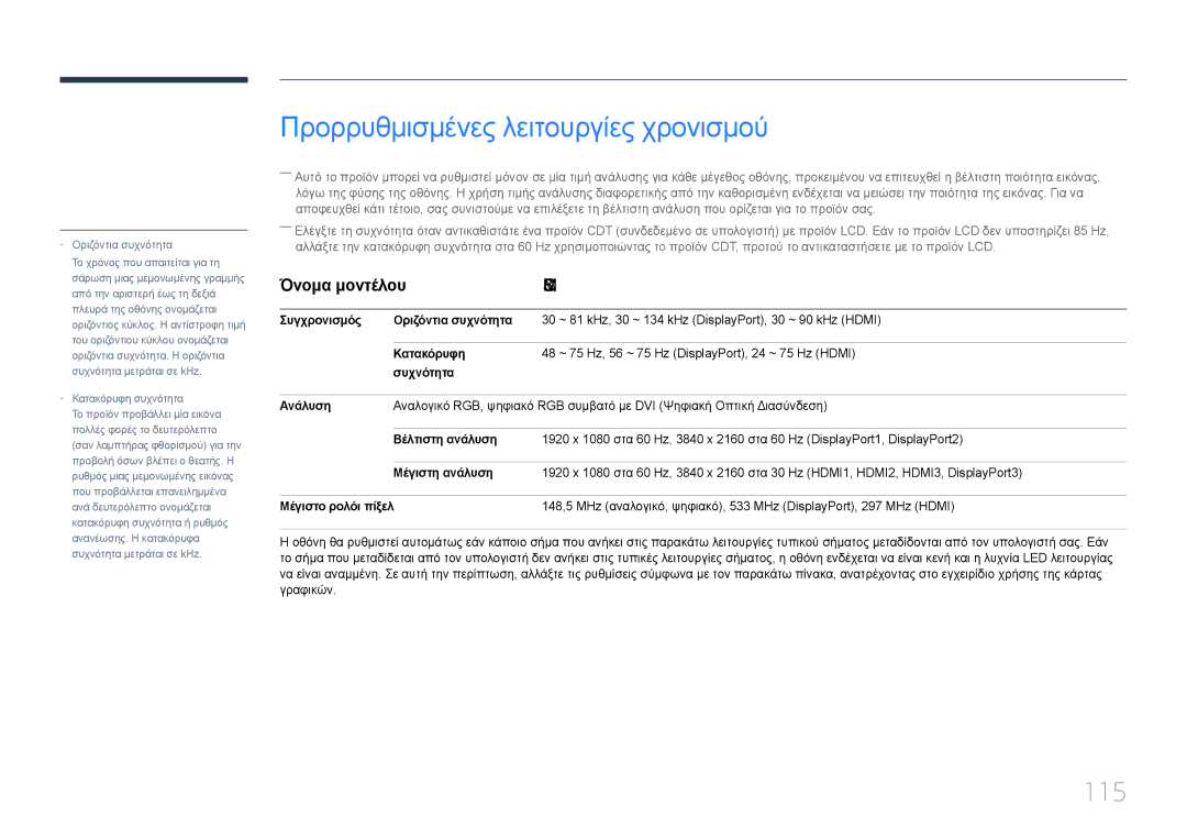 Samsung LH85QMDPLGC/EN manual Προρρυθμισμένες λειτουργίες χρονισμού, 115 