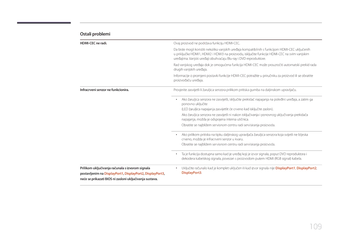 Samsung LH85QMDPLGC/EN manual 109, HDMI-CEC ne radi, Infracrveni senzor ne funkcionira, DisplayPort3 