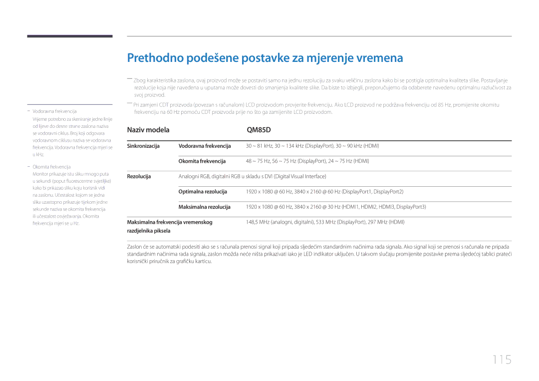 Samsung LH85QMDPLGC/EN manual Prethodno podešene postavke za mjerenje vremena, 115 