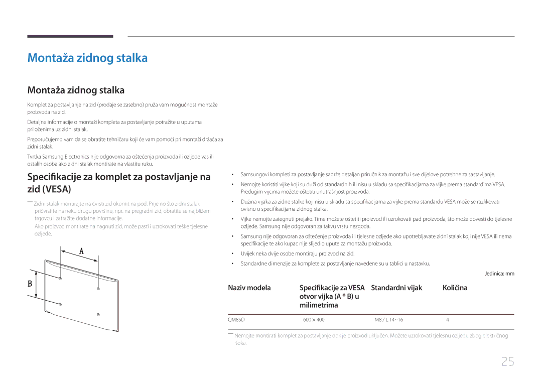 Samsung LH85QMDPLGC/EN manual Montaža zidnog stalka, Specifikacije za komplet za postavljanje na zid Vesa 