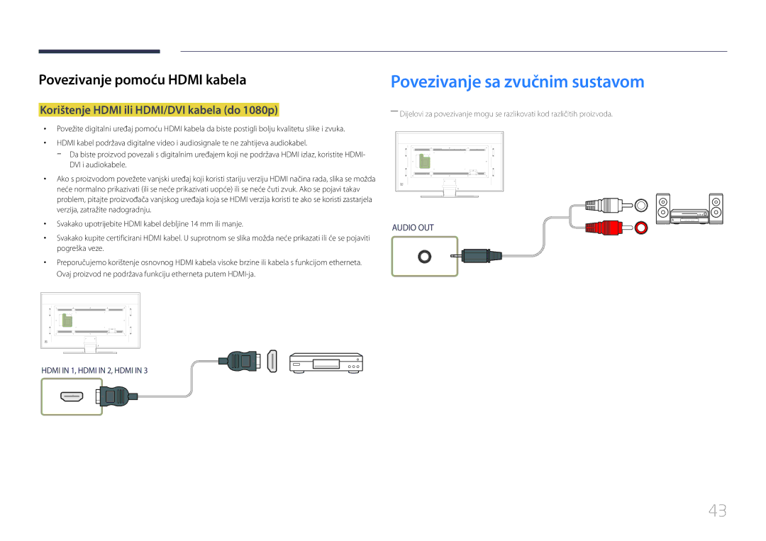 Samsung LH85QMDPLGC/EN manual Povezivanje sa zvučnim sustavom, Korištenje Hdmi ili HDMI/DVI kabela do 1080p 