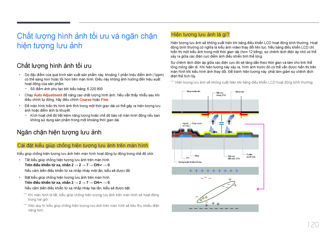 Samsung LH85QMDPLGC/XV, LH85QMDPLGC/XY manual 120, Chấ́t lượ̣ng hì̀nh ả̉nh tố́i ưu, Ngăn chặ̣n hiệ̣n tượ̣ng lưu ả̉nh 