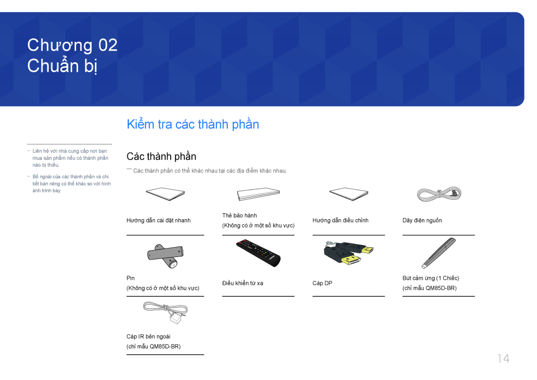 Samsung LH85QMDPLGC/XV, LH85QMDPLGC/XY manual Chuẩn bị, Kiểm tra các thành phần, Các thành phần 